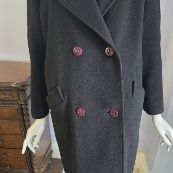 Long Black Wool Coat with Leather Lapels& Tri Burgundy Buttons – Double-Breaste - Picture 3 of 5